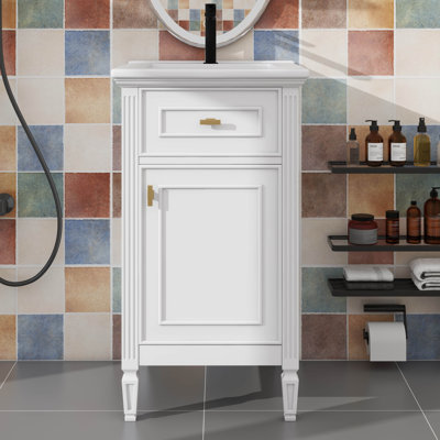 Meuble-lavabo de 20 pouces avec lavabo - tiroir inclinable, pieds en bois massif, tablette réglable - armoire autoportante moderne pour petite salle de bain, boutons en alliage de zinc