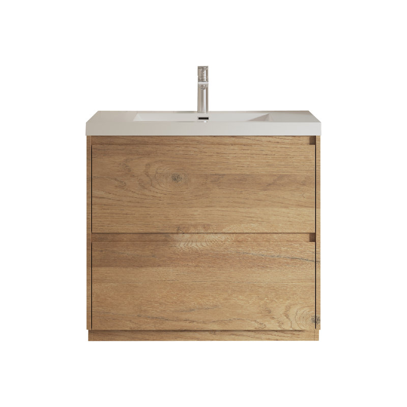 Meuble-lavabo sur pied simple en chêne naturel de 36 po avec plateau en pierre de résine blanc brillant et 2 tiroirs Modern