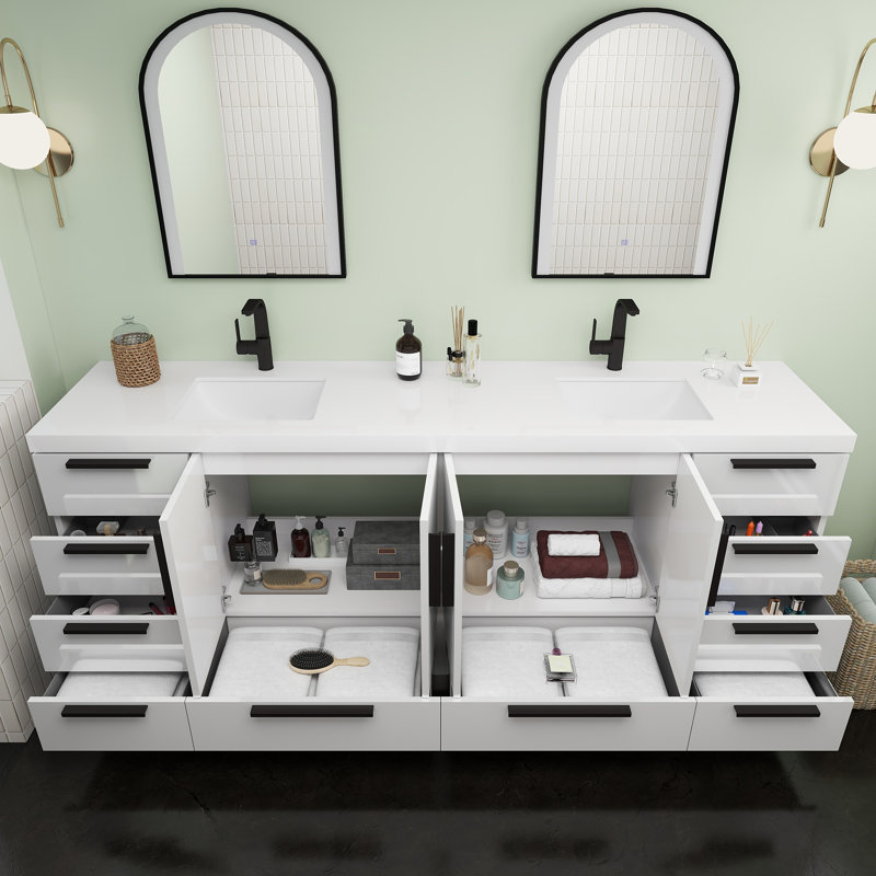 Carla Freestanding Bathroom Vanity with Double Sink, Gloss White, 83"