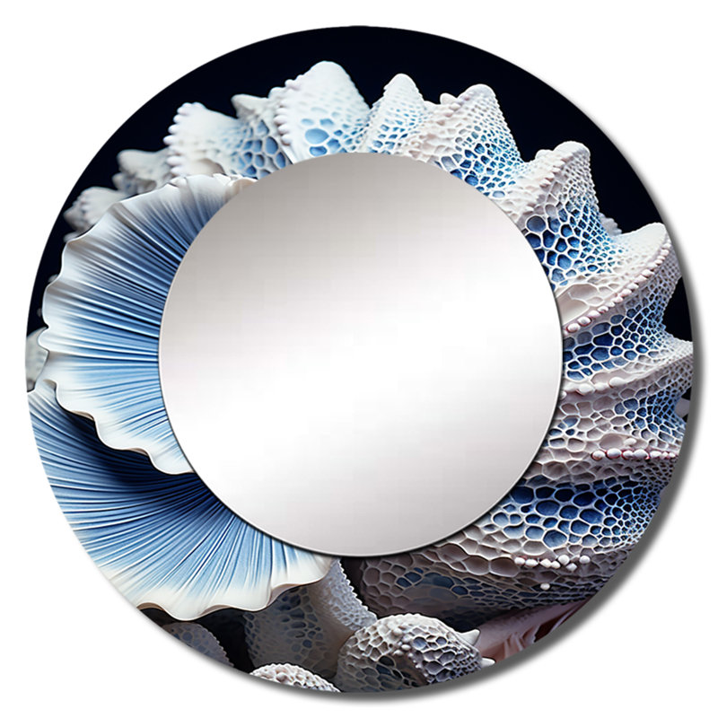 Blue Seashell Symphony - coquillage unique miroir mural, miroir rond bleu, impression d'art en métal, 29 po x 29 po