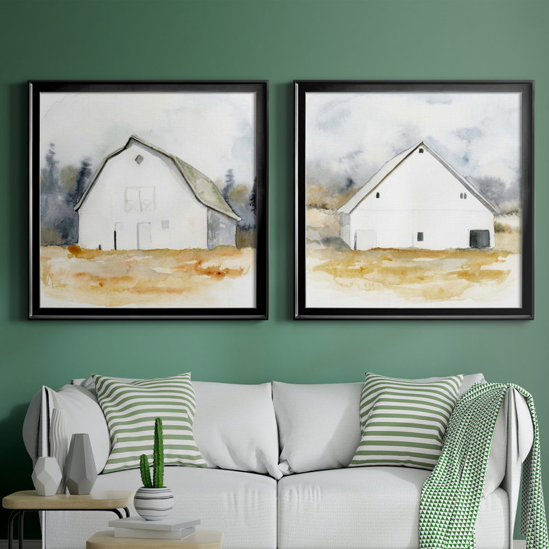 «White Barn Watercolor III», toile tendue avec châssis encadré - prête à être accrochée, Toile avec cadre noir, Pas de tapis