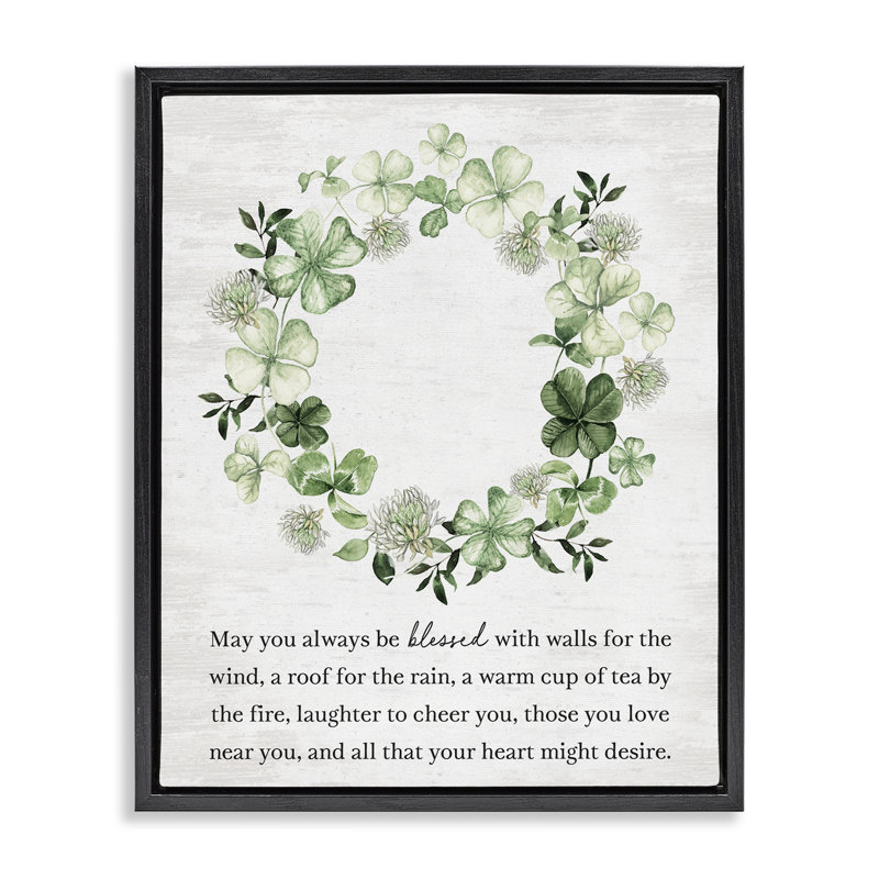 Blessed Irish Clover Wreath Floating Frame, design by Lettered and Lined, Jet Black Floater Frame, 21" H x 17" W