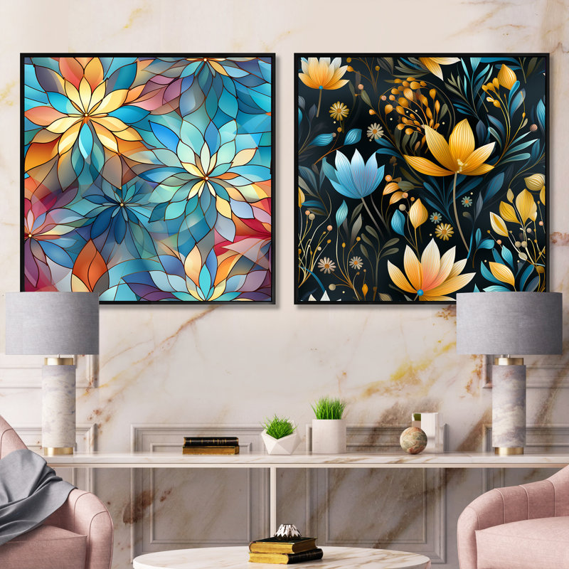 Engelman - Ensemble de 2 collages carrés abstraits, Cadre flottant noir, H 36 po x l 73 po