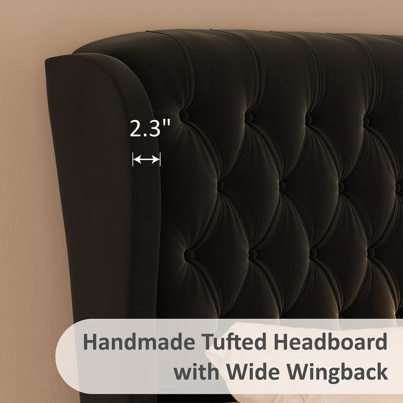 Queen Size Black Velvet Upholstered Tufted Sleigh Bed Frame