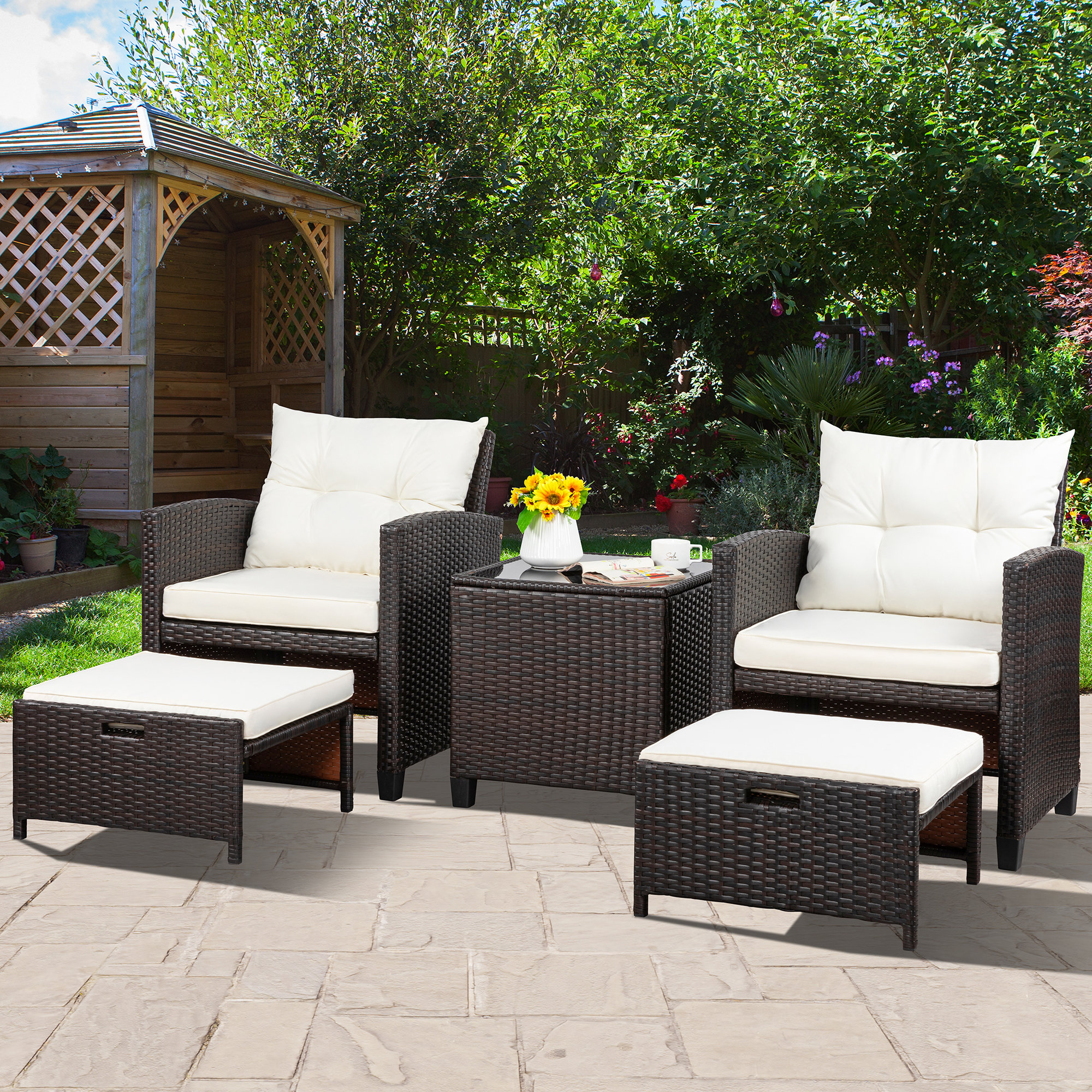 Freeport Park® Maddox 5 Piece Rattan Lounge Dining with Cushions & Reviews | Wayfair