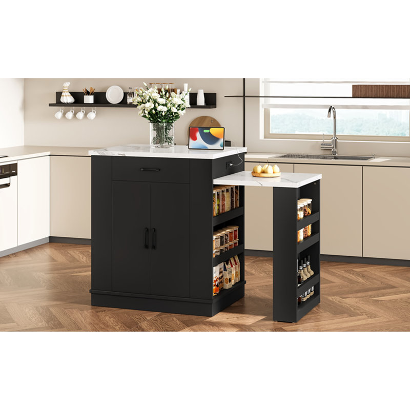 Spacieux îlots de cuisine extensibles, armoire en MDF noir avec rangement moderne