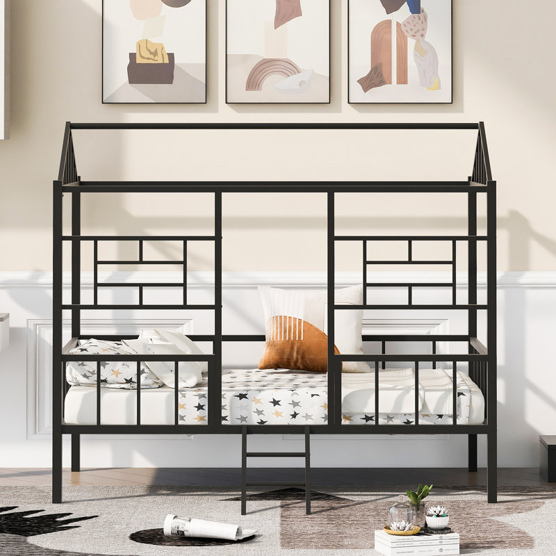 Metal House Bed Frame Twin Size With Slatted Support No Box Spring Needed