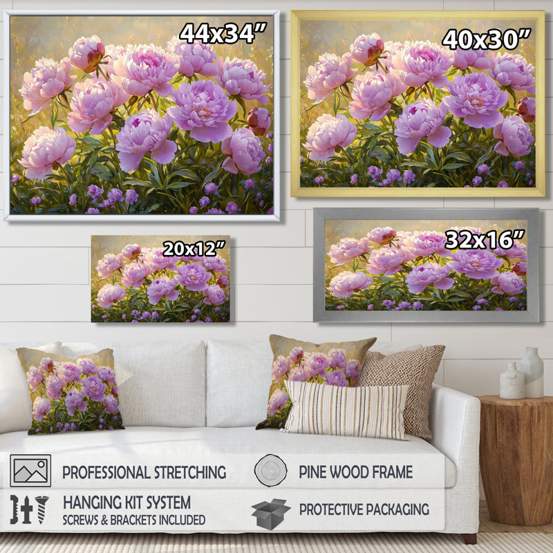 Pivoines lavande Irayda dans la prairie au coucher du soleil II - pivoines, art mural pour le salon, H 12 po x l 20 po, Doré