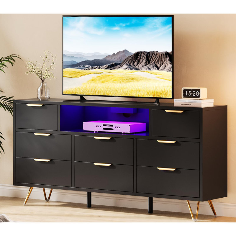 Wood Dresser TV Stand with 8 Drawers, Power Outlet & LED