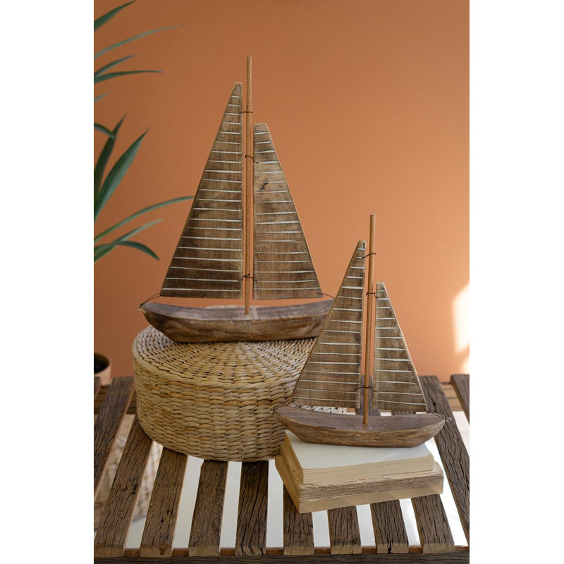 Kalalou Handcrafted Recycled Wood Sail Boats Set of 2, 19" H