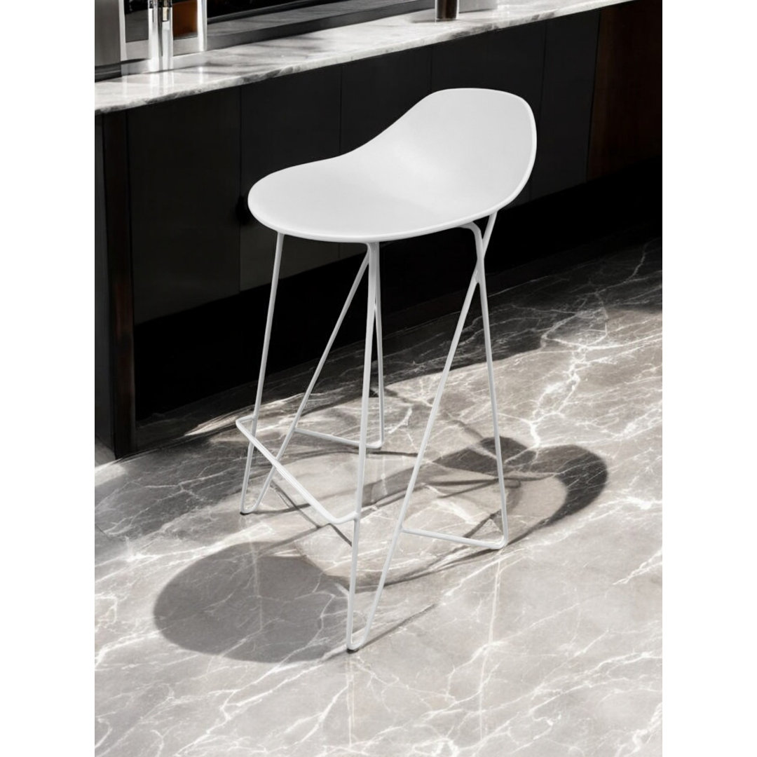 Pangea Home Lucillie Modern Monochrome Molded Plastic Bar Stools- 30" Seat Height - Hairpin Metal Legs and Footrest (Set of 2) George Oliver 