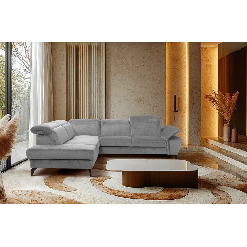 Bellagio Fabric Corner Sofa with Pull-Out Bed, Storage, Adjustable Headrests and Armrest, Left Hand Facing, Grey