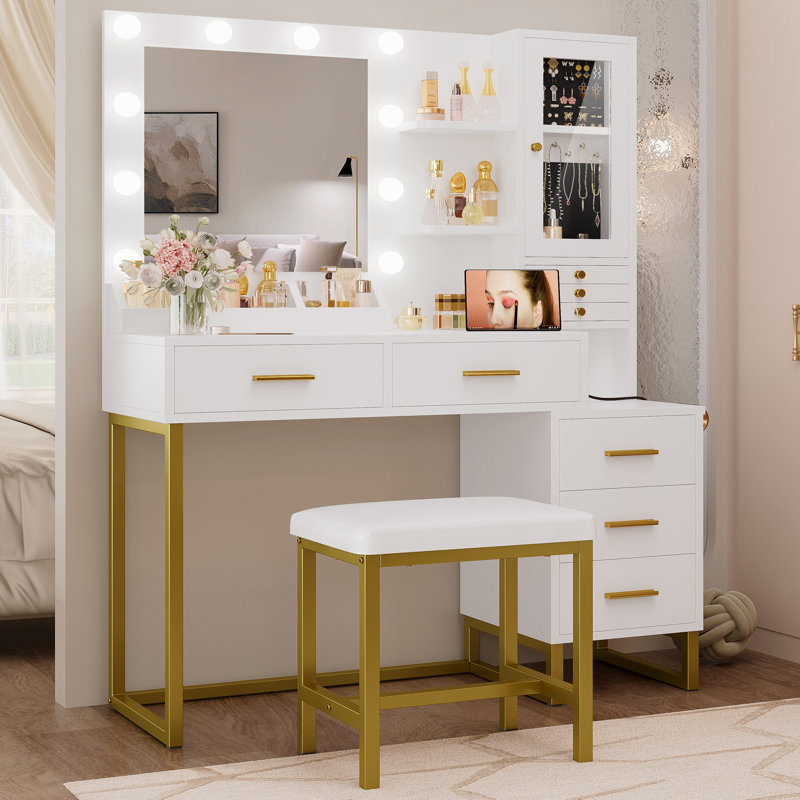 White Vanity Desk With Mirror And Lights, Makeup Vanity With 3-Color Led Lights, 5 Drawers & Storage Shelves, Power Outlet, Dressing Table With Jewelry Storage For Bedroom (Stool Included)