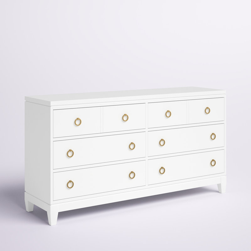 Commode décontractée Summerland de 168 cm de large, blanc pur, avec poignées d'anneaux dorés., Blanc