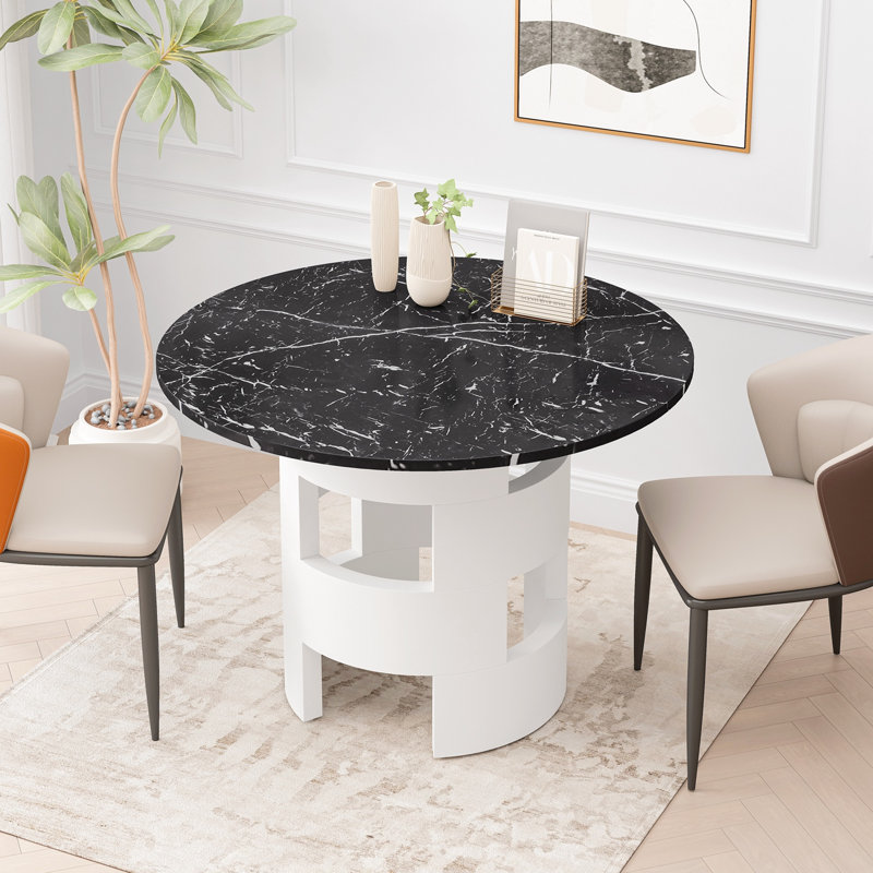 Horatia Dining Table, Round Table, Fuax Marble Top Table, Modern Table, Black, White