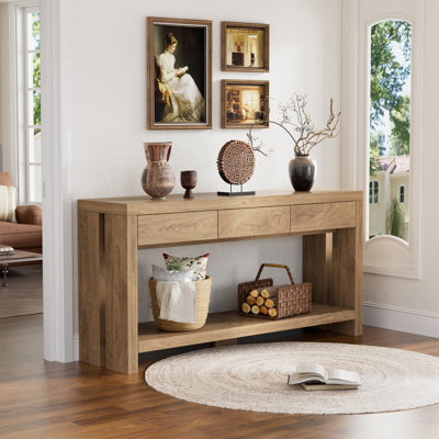 Console de 63 po en bois avec tiroirs, table d'entrée de ferme avec tablette de rangement ouverte, table de canapé derrière, longues tables de vestibule pour le vestibule, canapé pour le couloir du salon, naturel