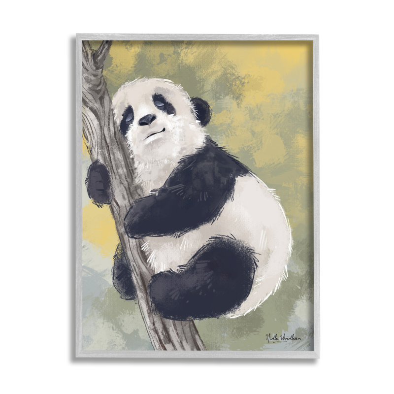 «Panda Cub On Branch on Wood» par Nidhi Wadhwa, peinture, H 14 po x l 11 po x P 1,5 po, Giclée encadrée noir minuit