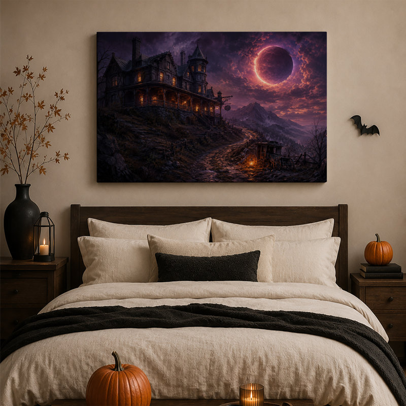 Art mural sur toile Halloween manoir gothique avec chariot et ciel éclipse mauve, H 20 po x l 30 po