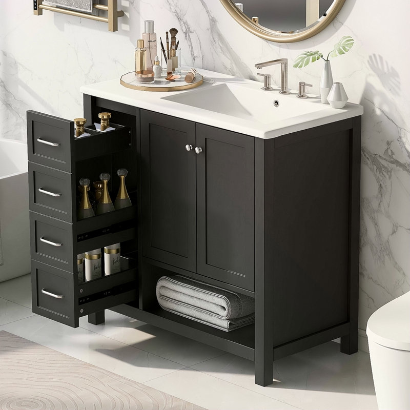 Meuble-lavabo 36 po avec comptoir d'évier, meuble-lavabo avec deux portes et deux tiroirs, bois massif, tablette ouverte, panneaux de fibres à densité moyenne, un paquet