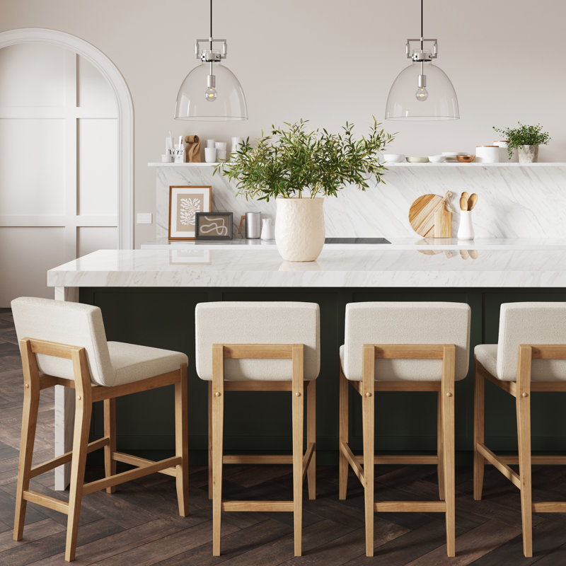 Cream Boucle Upholstered Counter Stools with Warm Pine Legs, Set of 4