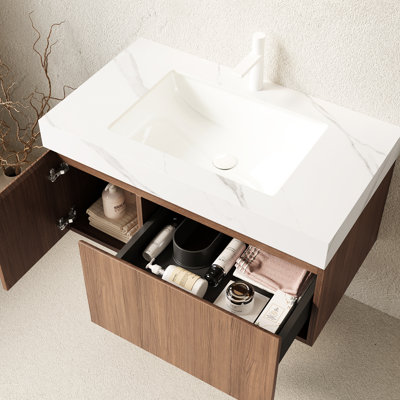 Meuble-lavabo de salle de bain 36 po avec pierre frittée blanche et lavabo en céramique, système de rangement en contreplaqué à fermeture en douceur, plateau flottant en chêne brun, lavabo, pré-assemblé, glissières de tiroir