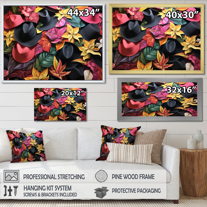 Plantes tropicales avec chapeau de cowboy - accessoires de mode, art mural, Toile tendue, H 24 po x l 32 po x P 1 po