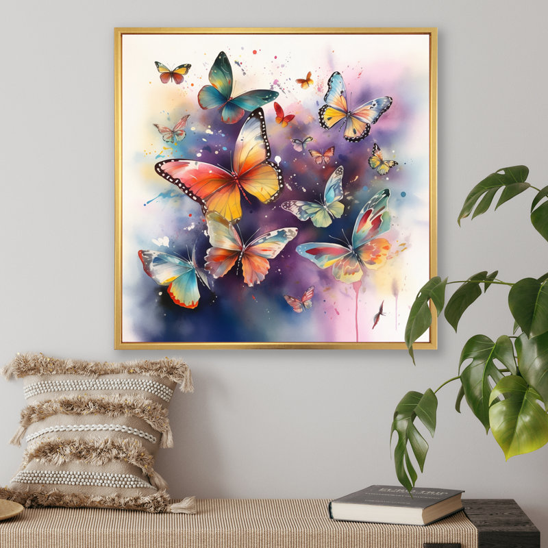 «Purple Butterflies In The Air», reproduction d'art sur toile, H 24 po x l 24 po, Cadre flottant doré