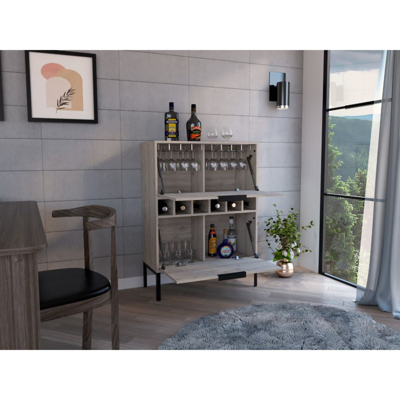 Morganna 43-inch Tall Bar Cabinet with 6 Wine Cubbies, Rack, and Double Door, Light Gray