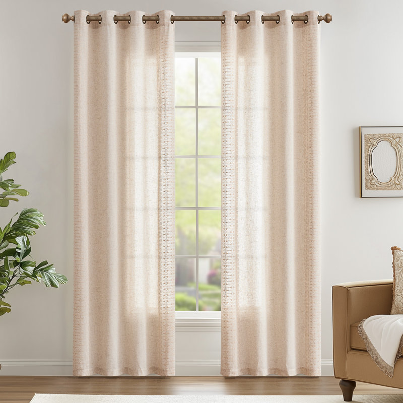 Paire de rideaux semi-transparents en lin Kidist, L 50 po x L 84 po, Sauge / beige