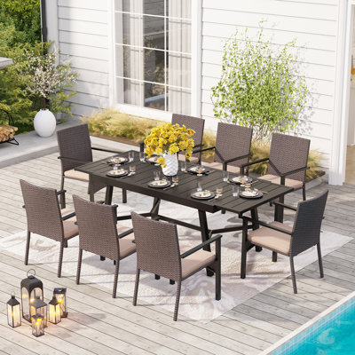 Alyah 8 - Person Patio Dining Set with Extendable Rectangular Table , Cushions Included