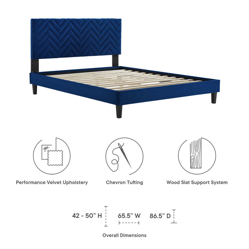 Lit plateforme en velours Leah, Grand, Bleu marine