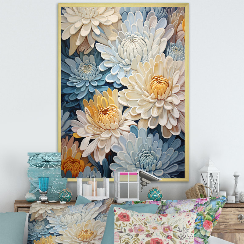 " White And Blue Mums Fragrant Elegance V " Print, Gold Single Picture Framed, 32" H x 16" W x 1"D
