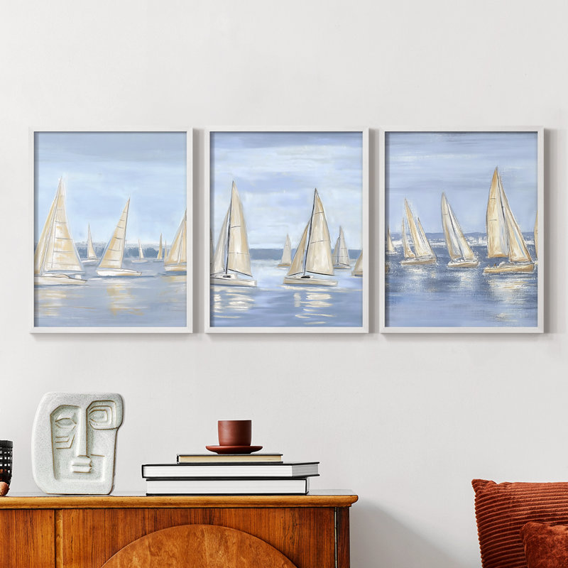 Série Sea and Shore I - Ensemble de 3 estampes numériques - Prêt à accrocher, Cadre blanc, H 14 po x l 11 po