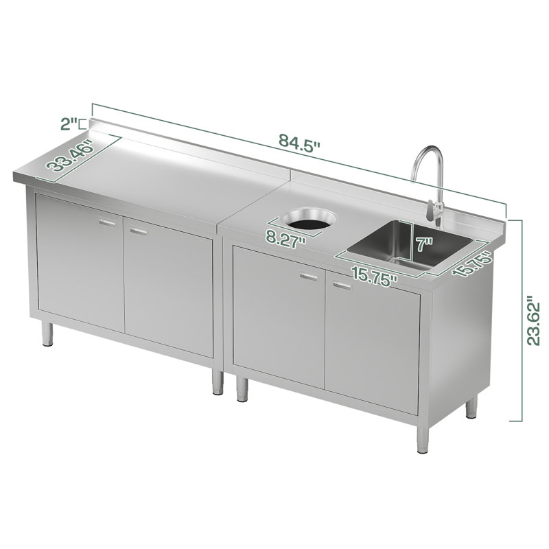 84" W x 24" D x 33.5" H Stainless Steel Utility Sink with Cabinet – Extra-Large Commercial Kitchen & Garage Workstation with Waste Hole & Large Storage