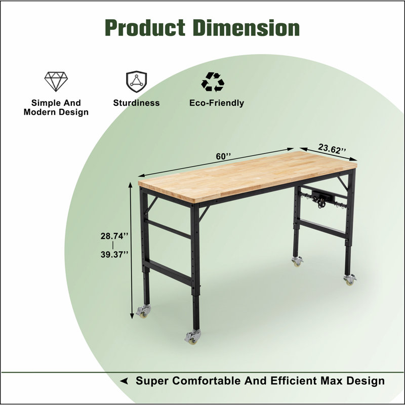 Établi réglable de 60 po pour le garage, poste de travail robuste en bois d'hévéa avec prises de courant et roues, table de travail en bois franc d'une capacité de charge de 2000 lb pour atelier, garage, bureau, maison