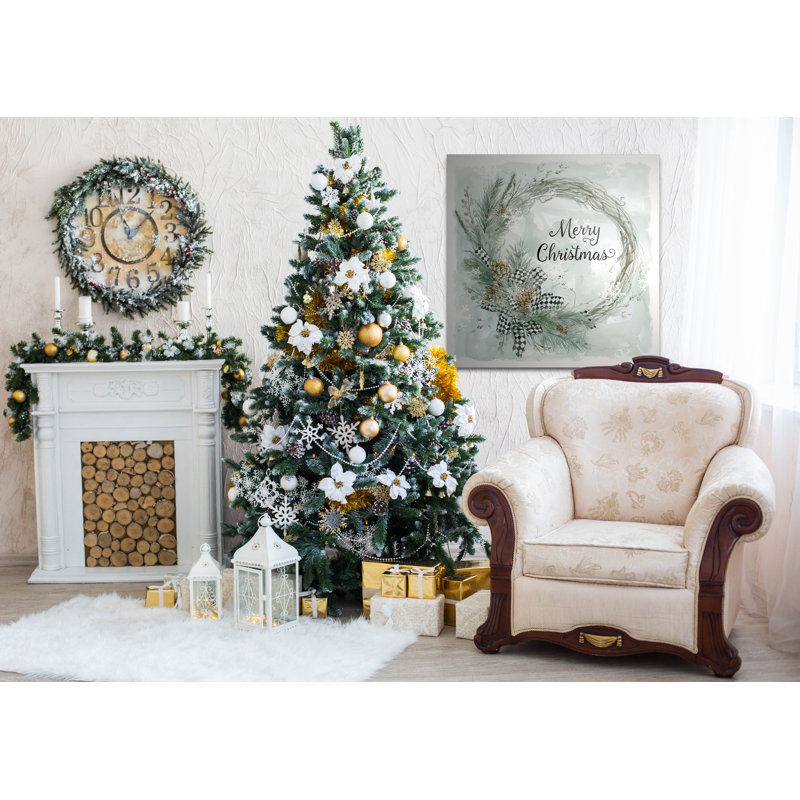 «Merry Christmas Pine Wreath», art textuel, H 24 po x l 24 po x P 1,5 po, Toile tendue