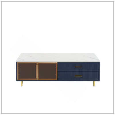 Table basse moderne bleu marine avec 2 portes de rangement en verre, 4 tiroirs, pieds en métal doré et éclairage multicolore de 47,2 po