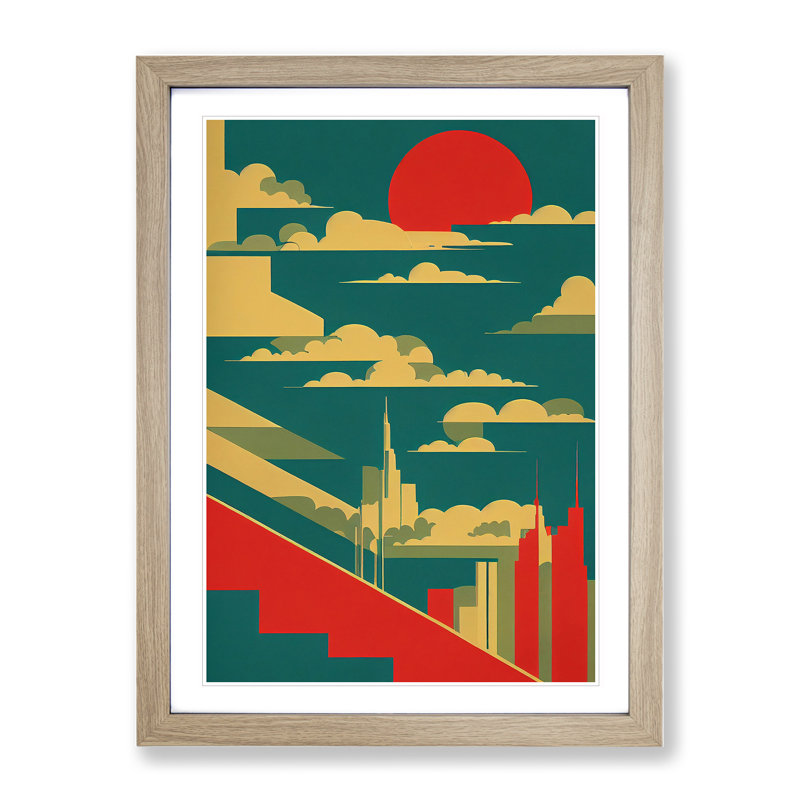 City Skyline Retro Art No.5 - Wall Art, 66cm H x 48cm W x 2cm D, Oak Framed, White