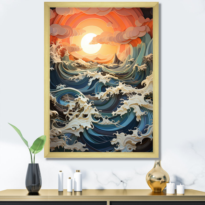 Reproduction d'art sur toile Coastal Seagull Symphony Papercut I - Animaux, H 32 po x l 16 po x P 1 po, Encadrement doré