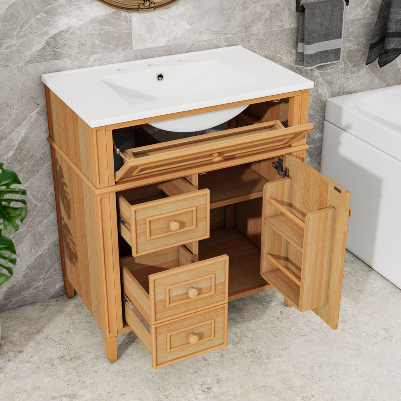 Meuble-lavabo de salle de bain avec lavabo, 2 tiroirs à fermeture en douceur et 1 porte à fermeture en douceur, Bois, 30"