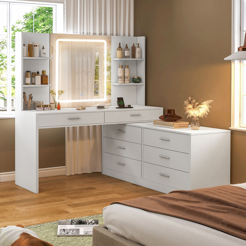 Large Makeup Vanity with LED Light for Valentine's Day gift, White