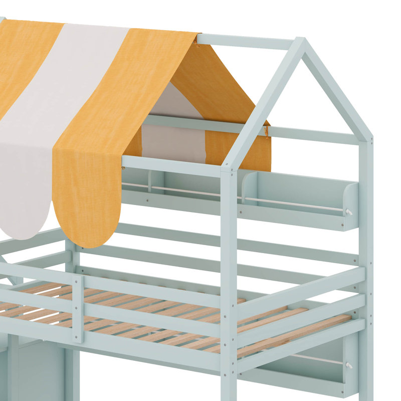 Full Size House Bed With Canopy & Slide, Built-In Bookshelves, Solid Wood Loft Frame, Light Green