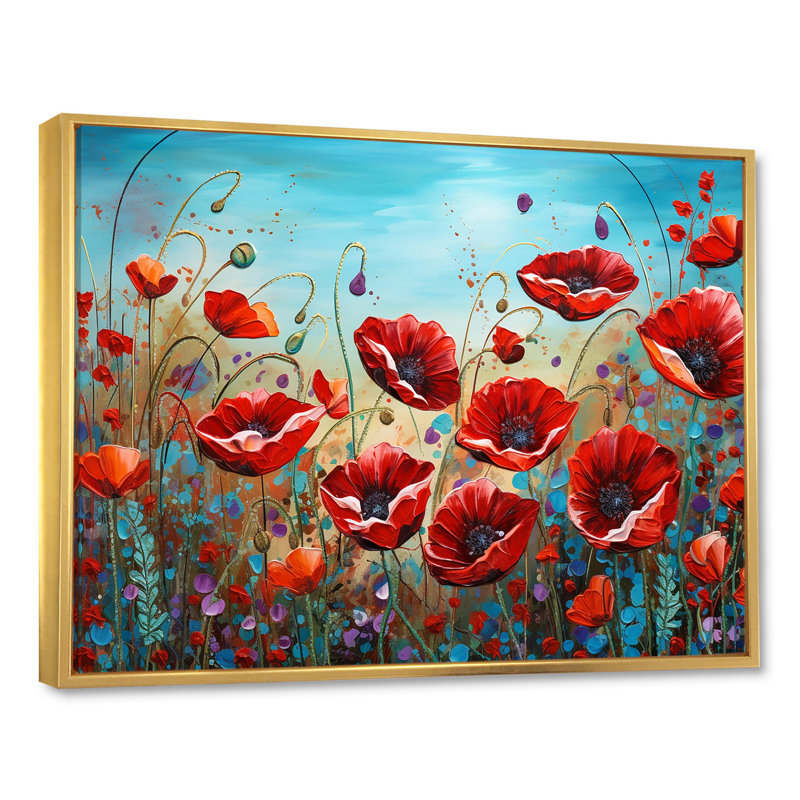 Red Poppies Blossoming III - impression, Cadre flottant doré, H 24 po x l 32 po x P 1 po