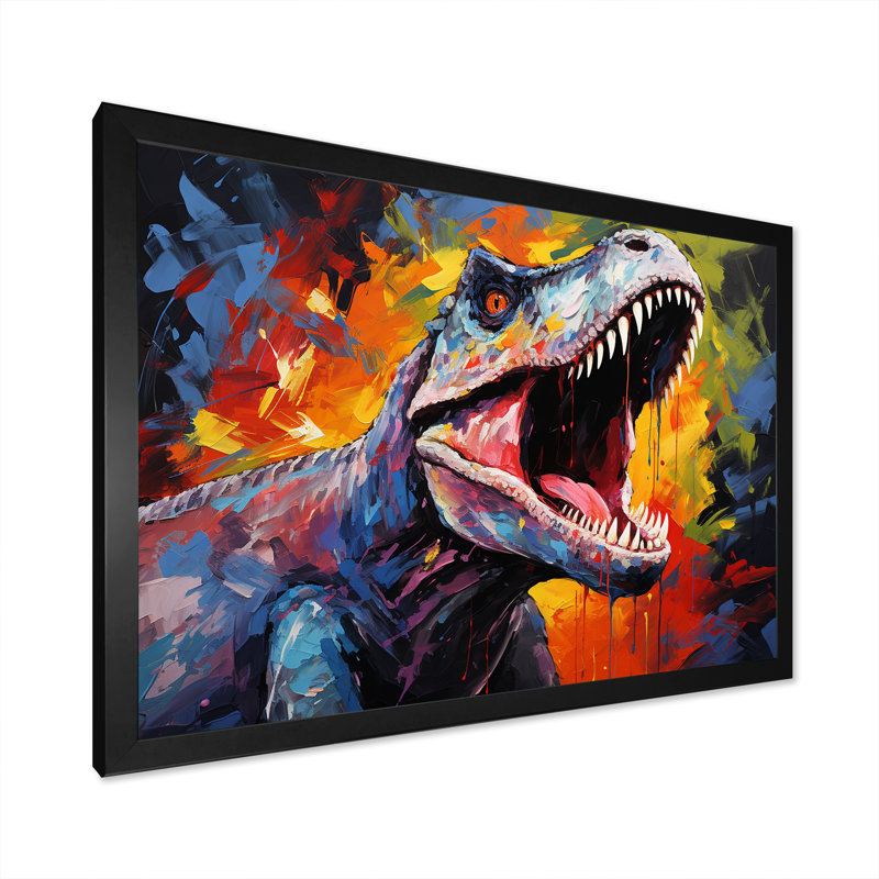 Dinosaure Trex rugissant coloré I - art de mur de dinosaure, Cadre d'angle fermé noir, H 24 po x l 32 po x P 1 po