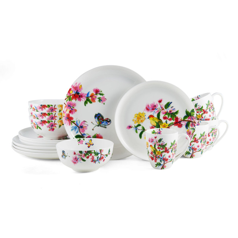 Butterfly Garden 16-Piece Lightweight Chip-Resistant Bone China Dinnerware Set, Service for 4