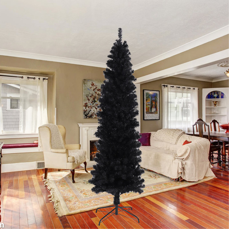 Arbre de Noël artificiel noir 7,5 pi avec support pliable en métal, Noir