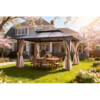 Parasol double en aluminium 10 * 13-pi, dessus en polycarbonate, avec housse et filet, convient aux jardins et aux pelouses