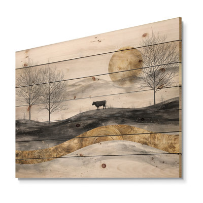 Vache dans un paysage de ferme audacieux IV - Décoration murale en bois de ferme - sur bois de pin naturel