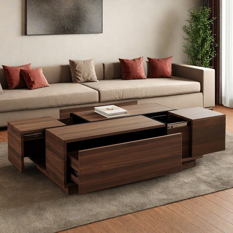 Rectangular Sliding Top Coffee Table With 2 Drawers And 2 Hidden Storage Compartments
