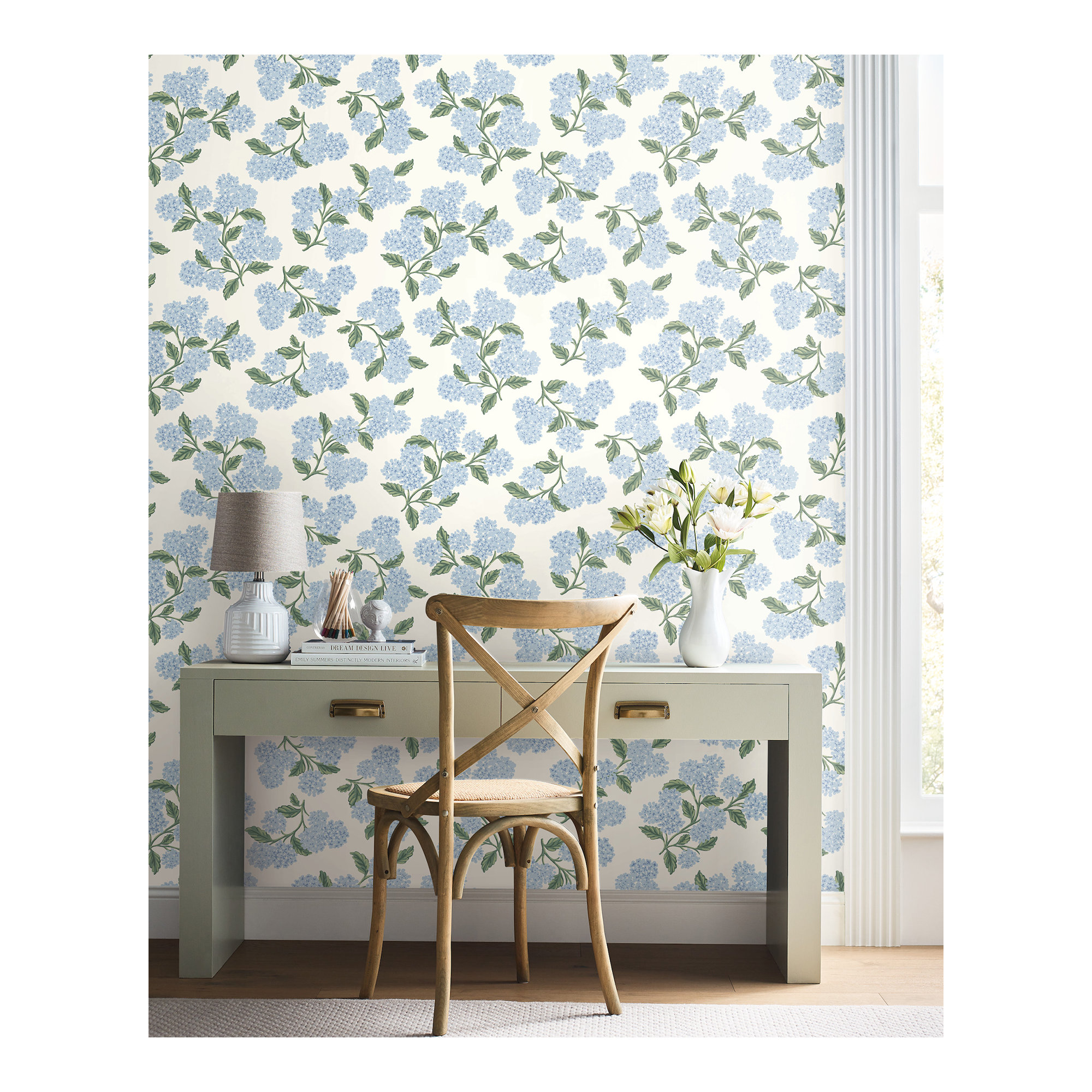 Hydrangea White Peel and Stick Wallpaper, Blue